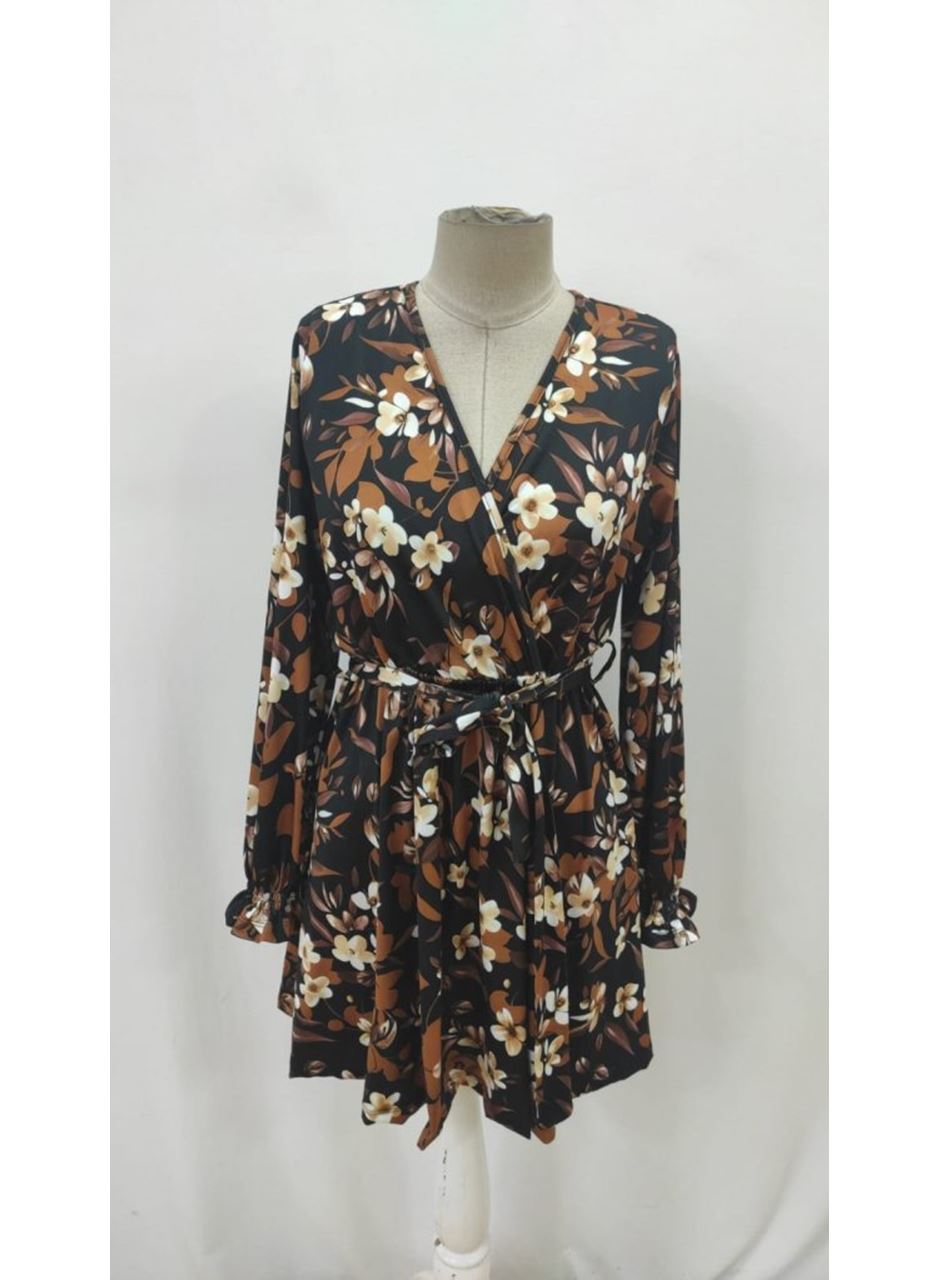 Kadın Uzun Kollu Kruvaze Yakalı Belden Kuşaklı çiçek Desenli Mikro Süprem Mini Elbise