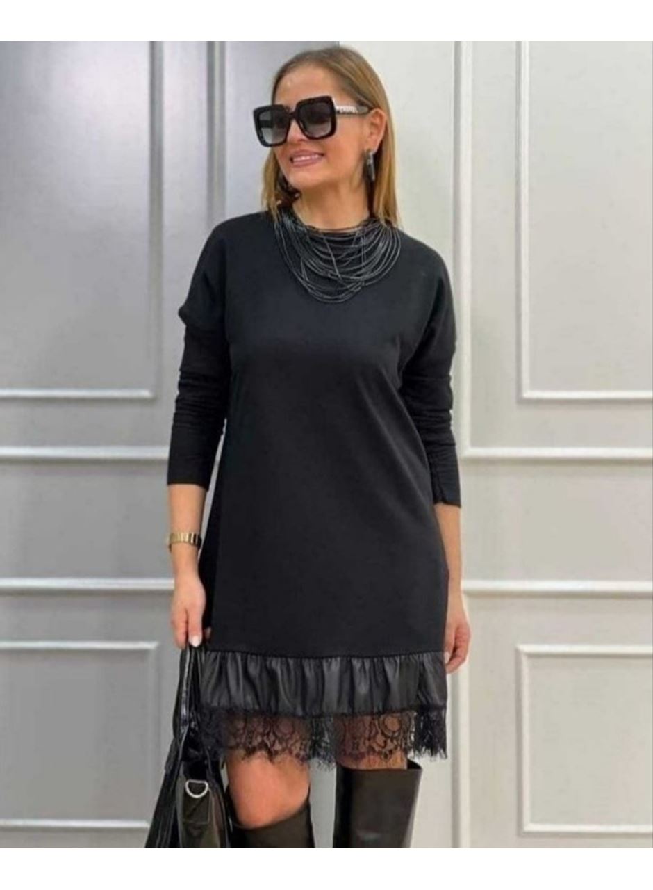 Kadın Uzun Kollu Bisiklet Yaka Etek Ucu Deri Dantelli Viskon Iki Iplik Midi Elbise