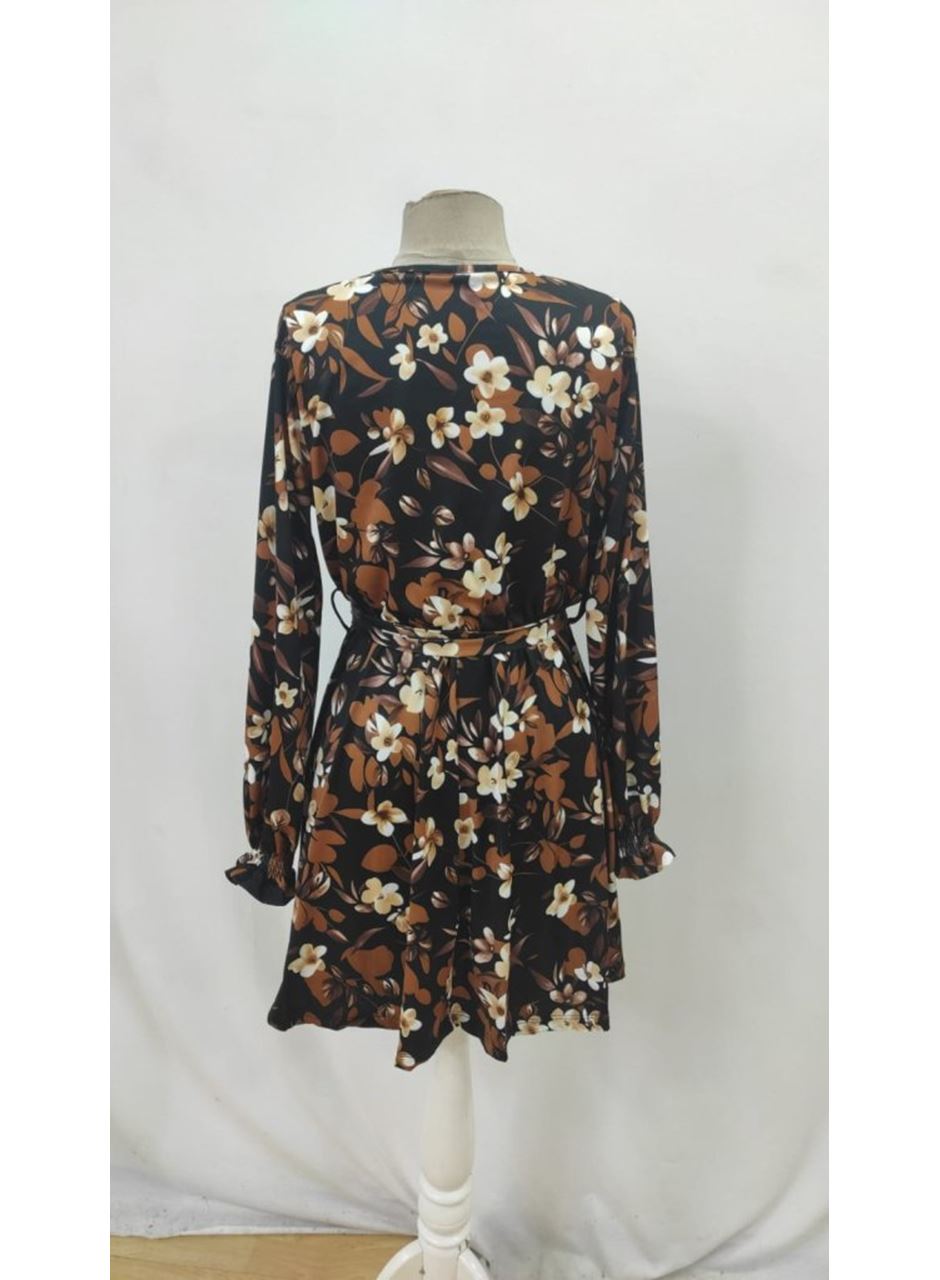 Kadın Uzun Kollu Kruvaze Yakalı Belden Kuşaklı çiçek Desenli Mikro Süprem Mini Elbise