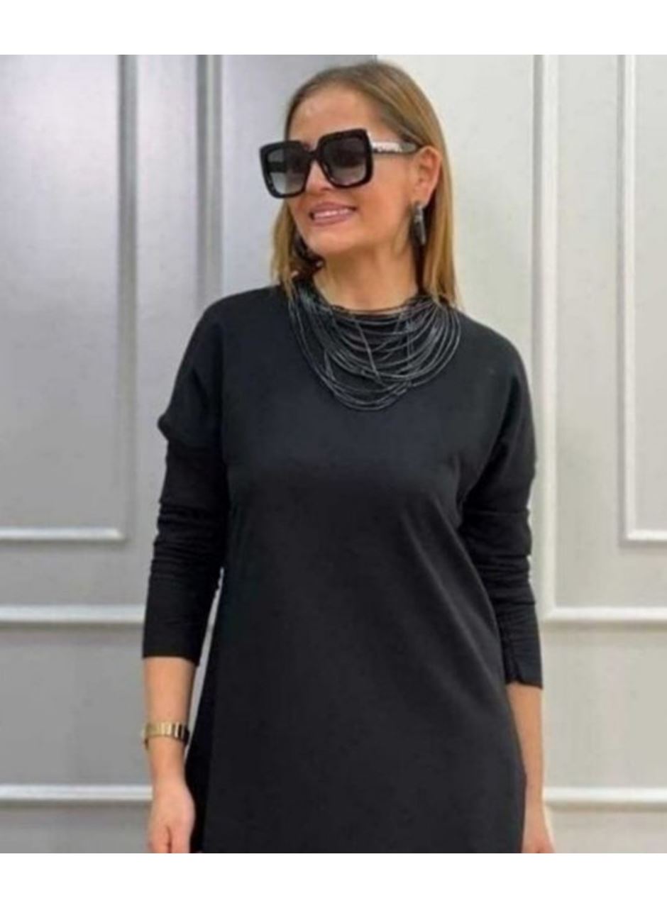 Kadın Uzun Kollu Bisiklet Yaka Etek Ucu Deri Dantelli Viskon Iki Iplik Midi Elbise