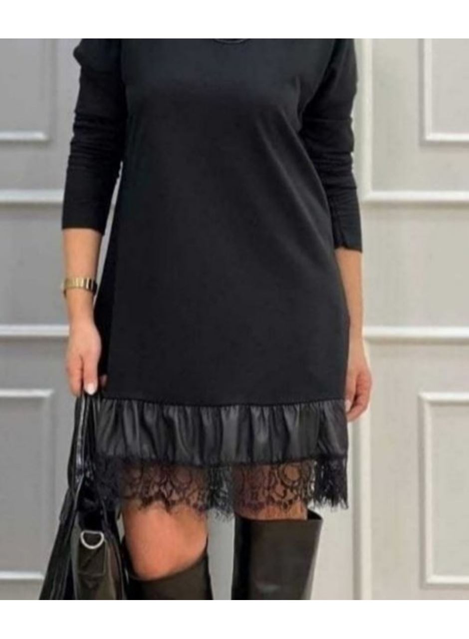 Kadın Uzun Kollu Bisiklet Yaka Etek Ucu Deri Dantelli Viskon Iki Iplik Midi Elbise