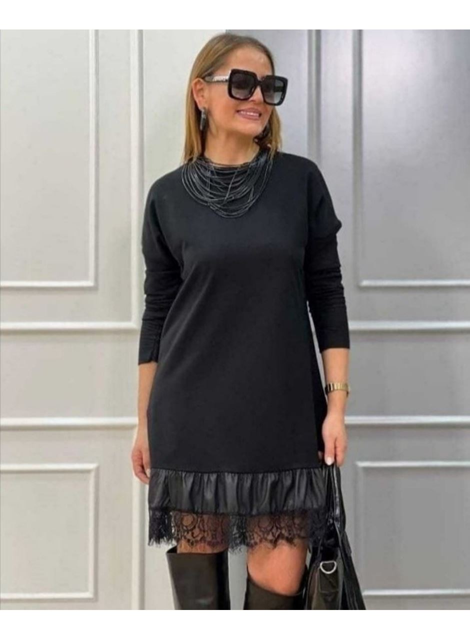 Kadın Uzun Kollu Bisiklet Yaka Etek Ucu Deri Dantelli Viskon Iki Iplik Midi Elbise