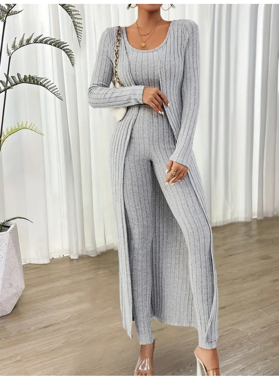 Kadın Yuvarlak Yaka Askılı Krop Bluz Yüksek Bel Tayt Ve Uzun Hırka şardonlu Kaşkorse üçlü Takım