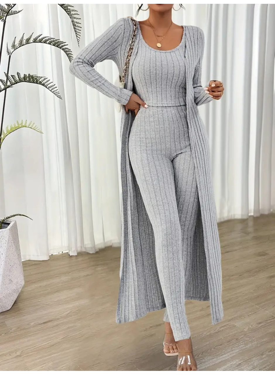 Kadın Yuvarlak Yaka Askılı Krop Bluz Yüksek Bel Tayt Ve Uzun Hırka şardonlu Kaşkorse üçlü Takım