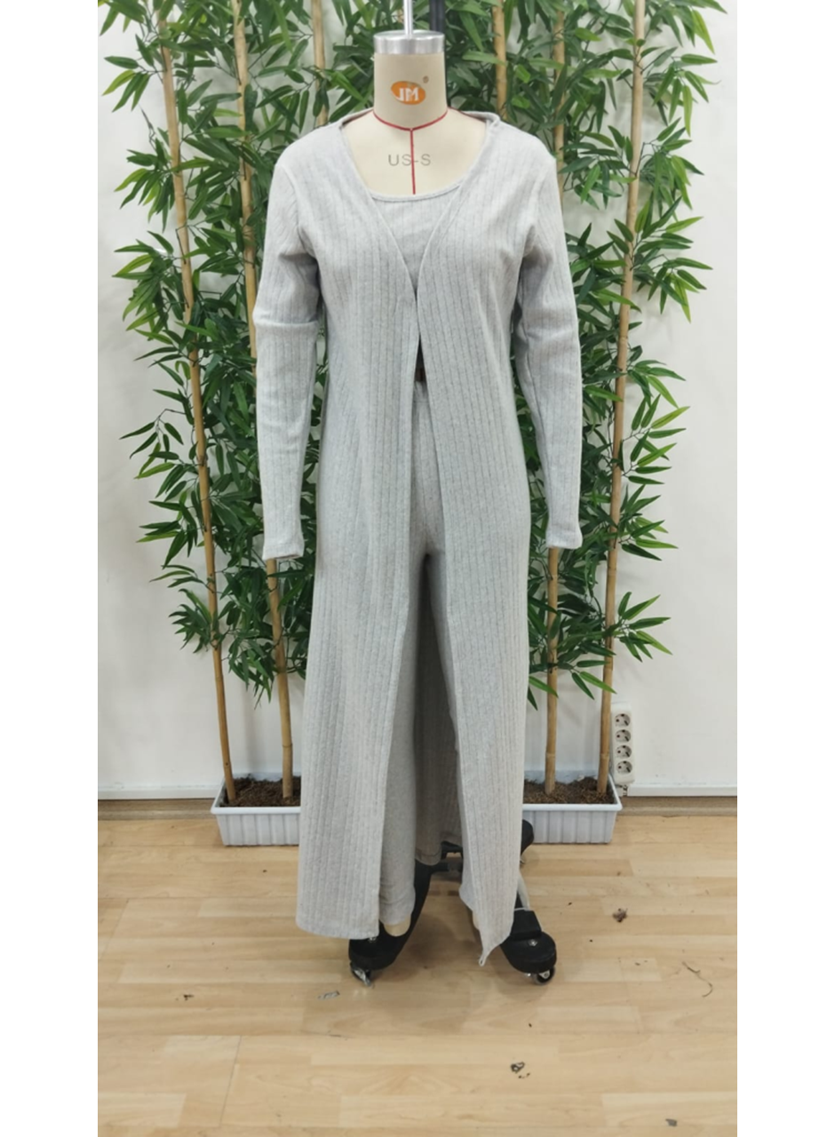 Kadın Yuvarlak Yaka Askılı Krop Bluz Yüksek Bel Tayt Ve Uzun Hırka şardonlu Kaşkorse üçlü Takım