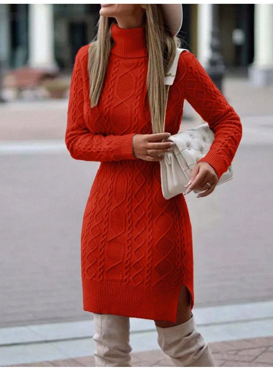 Kadın Uzun Kollu Loren Yünlü Motifli Midi Boy Triko Elbise