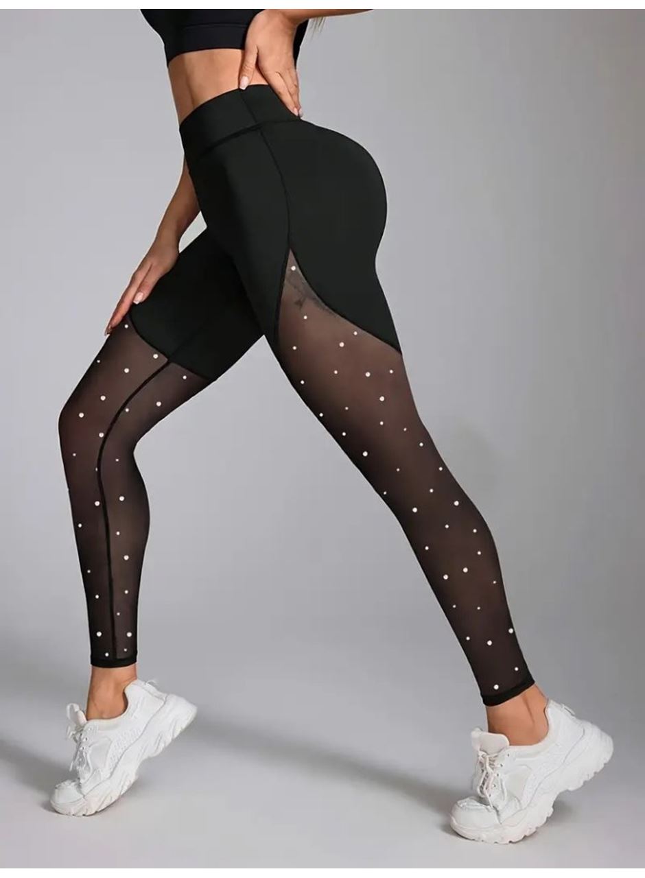 Kadın Yüksek Bel Asimetrik Kesim Detaylı Taşlı Tüllü Spor Dalgıç Tayt