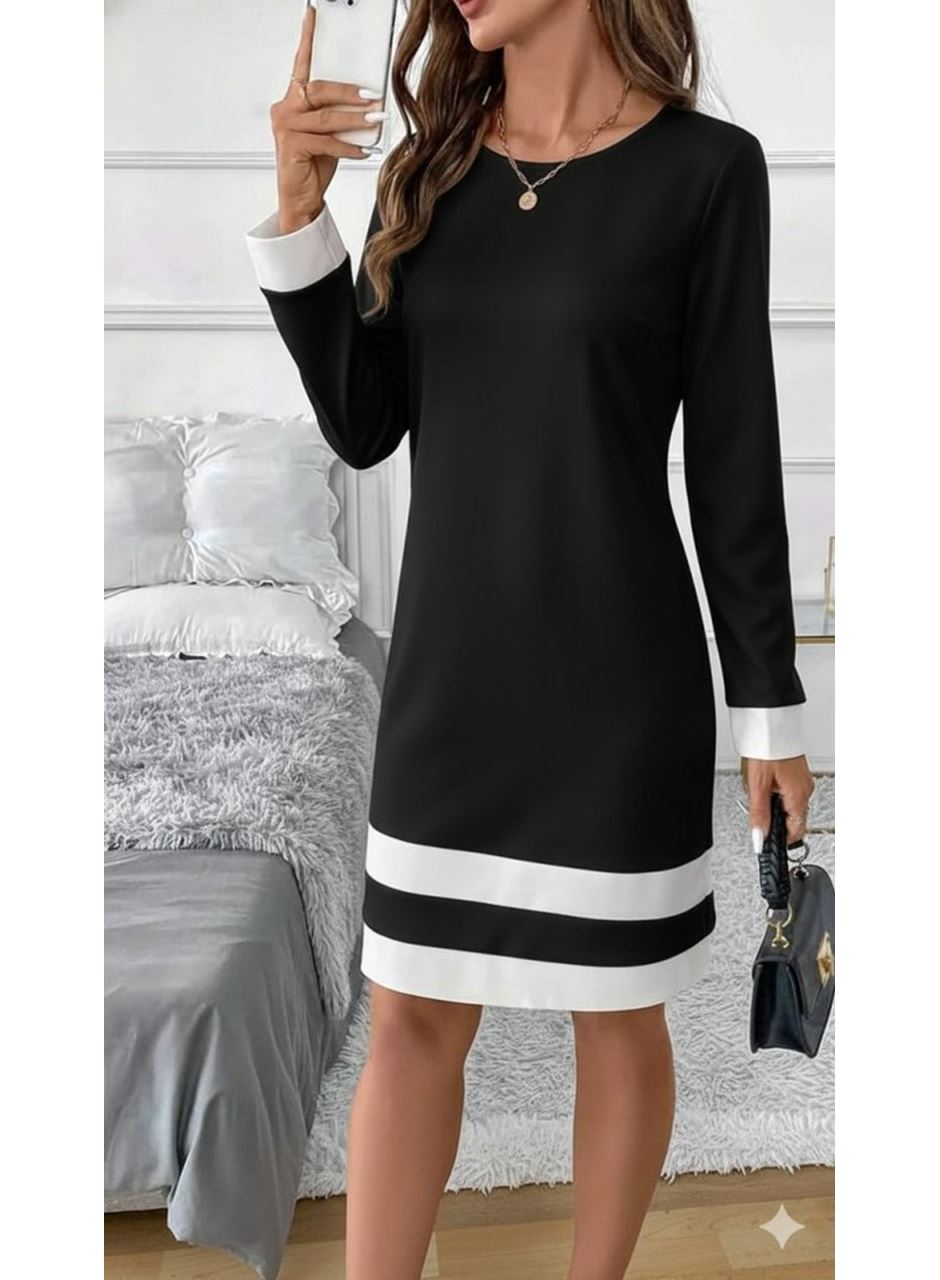 Kadın Uzun Kollu Yuvarlak Yaka Etek Ucu şerit Detaylı Mini Siyah Beyaz Dalgıç Elbise