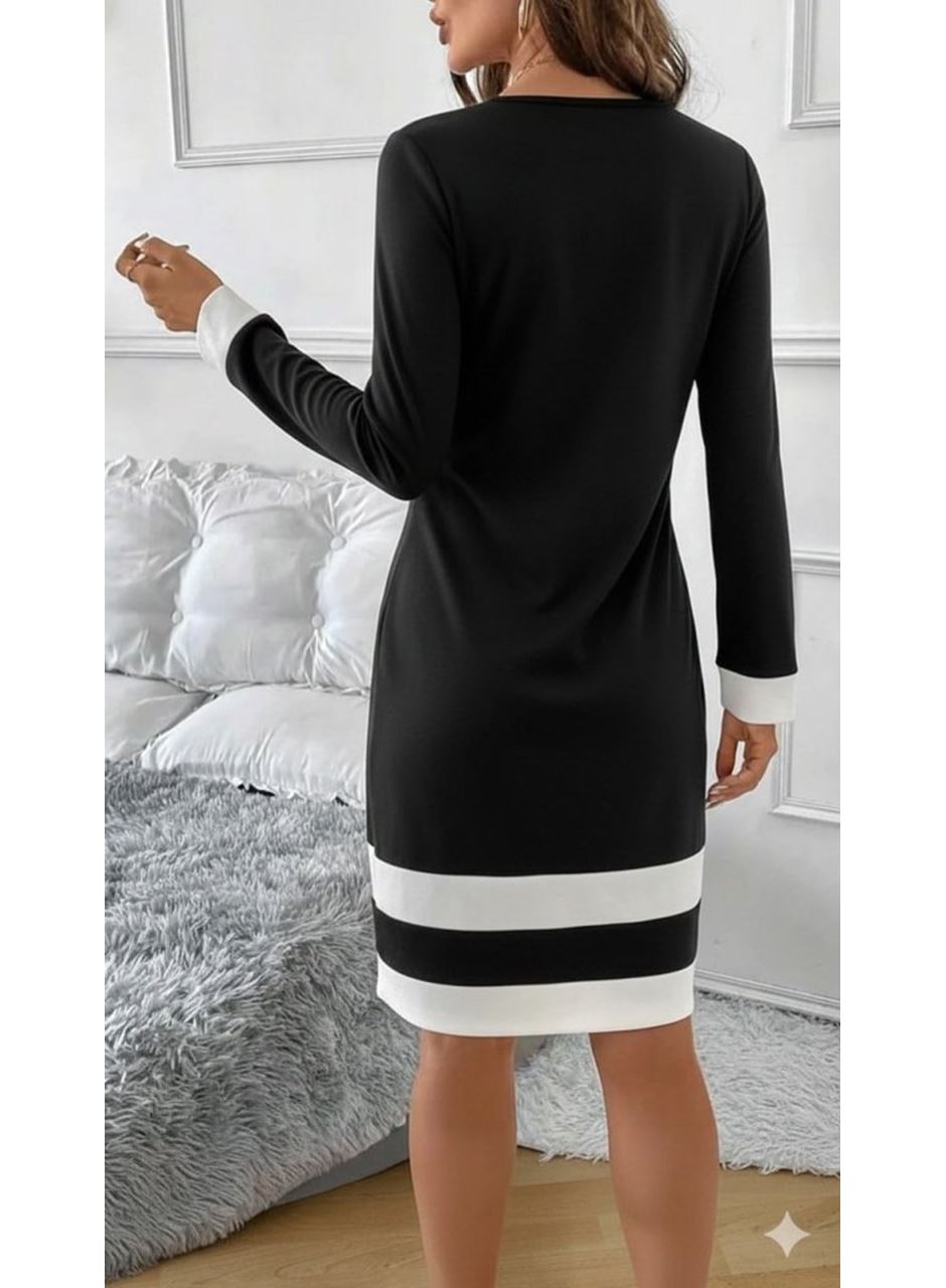 Kadın Uzun Kollu Yuvarlak Yaka Etek Ucu şerit Detaylı Mini Siyah Beyaz Dalgıç Elbise