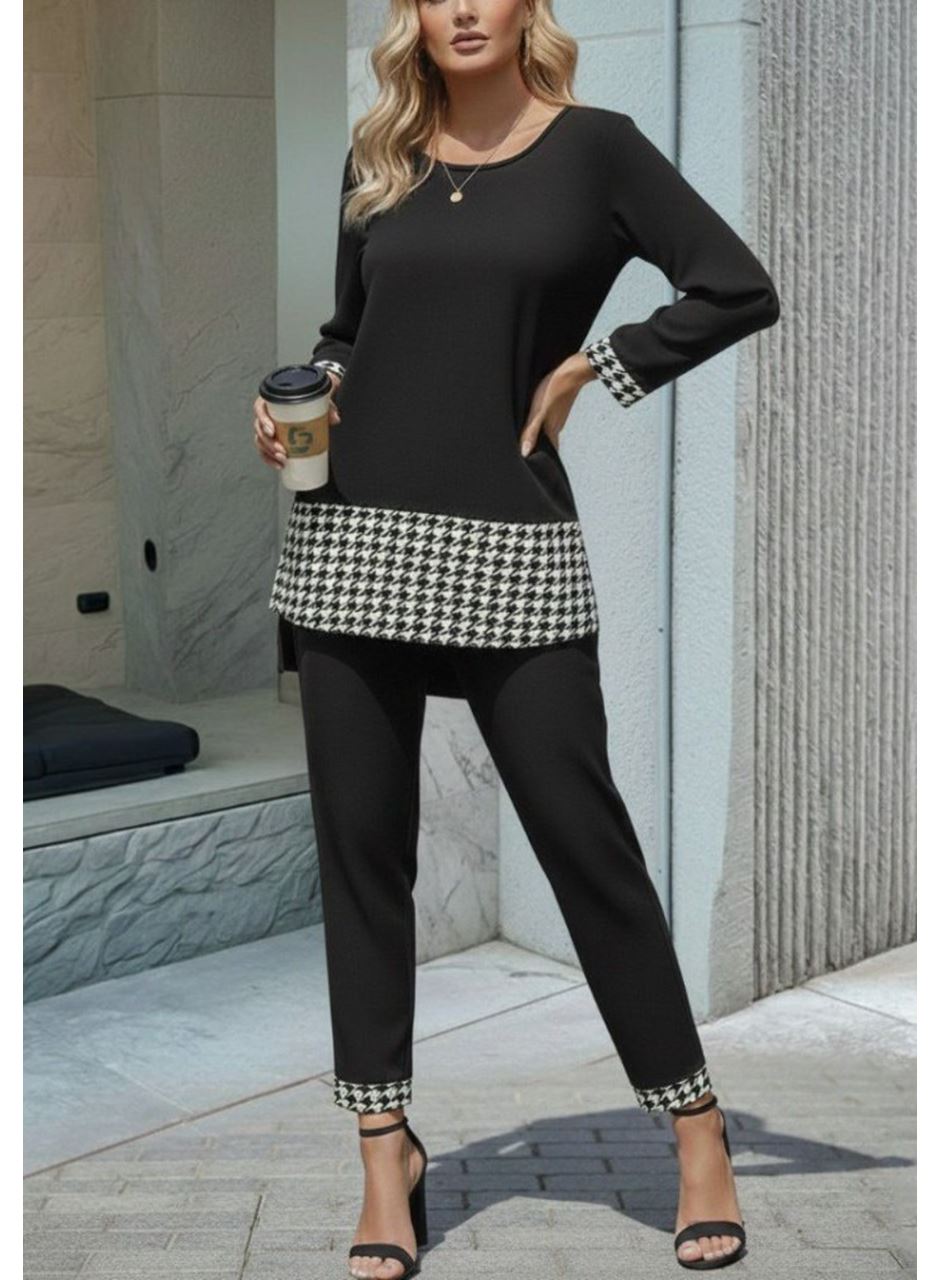 Kadın Uzun Kollu Yuvarlak Yakalı Kaz Ayağı Detaylı Viskon Iki Iplik Bluz Ve Pantolon Ikili Takım