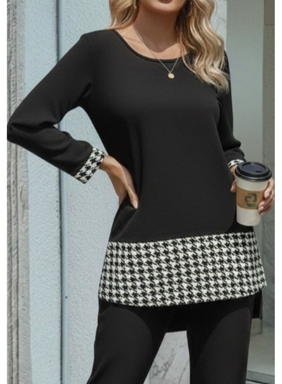 Kadın Uzun Kollu Yuvarlak Yakalı Kaz Ayağı Detaylı Viskon Iki Iplik Bluz Ve Pantolon Ikili Takım