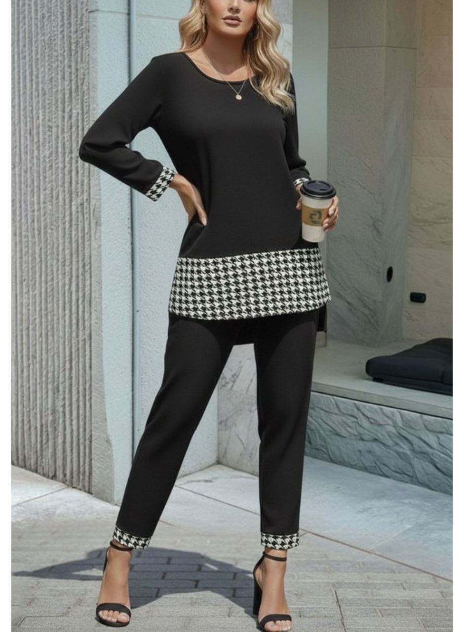 Kadın Uzun Kollu Yuvarlak Yakalı Kaz Ayağı Detaylı Viskon Iki Iplik Bluz Ve Pantolon Ikili Takım