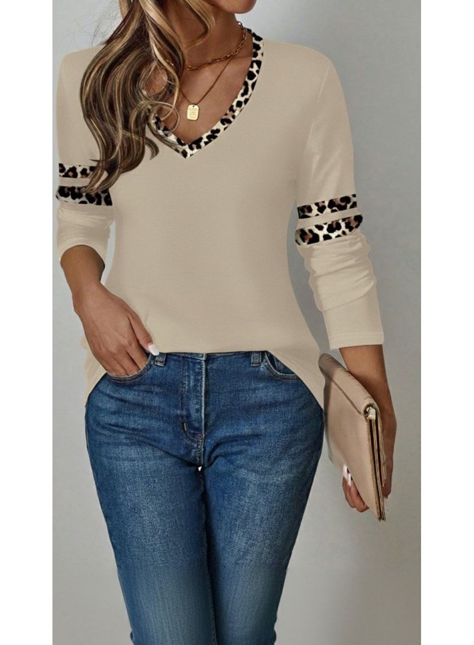 Kadın Uzun Kollu V Yakalı Leopar Desenli Viskon Iki Iplik Bluz