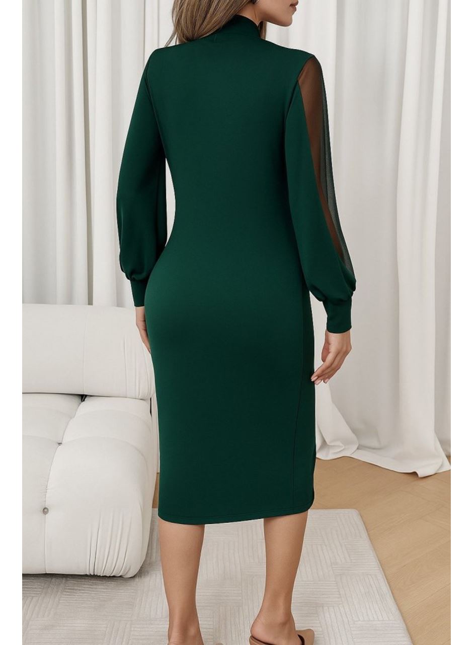 Kadın Uzun Kollu Yarı Balıkçı Yaka Tül Ve Inci Detaylı Kısa Ithal Krep Midi Elbise