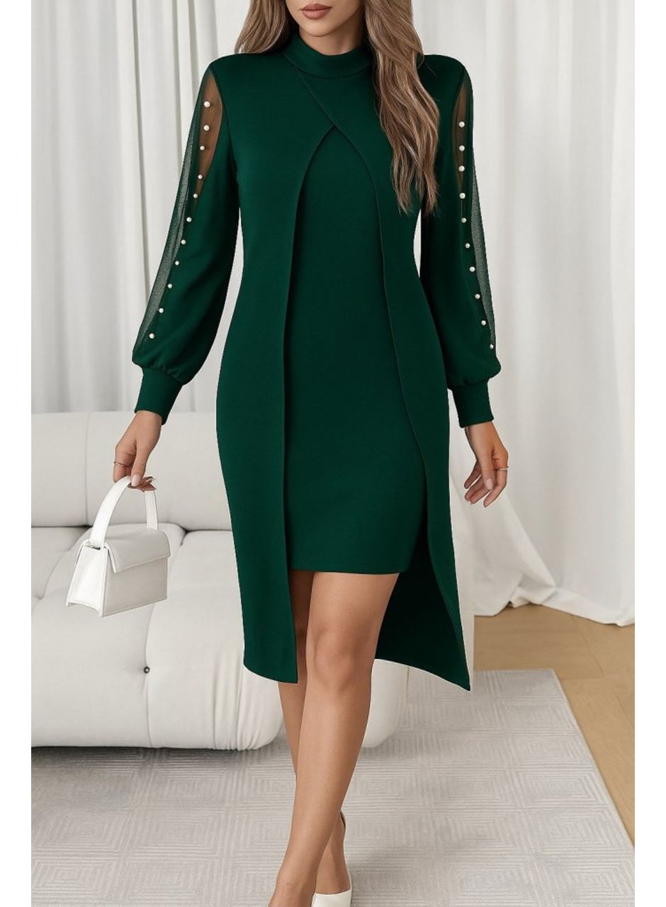 Kadın Uzun Kollu Yarı Balıkçı Yaka Tül Ve Inci Detaylı Kısa Ithal Krep Midi Elbise