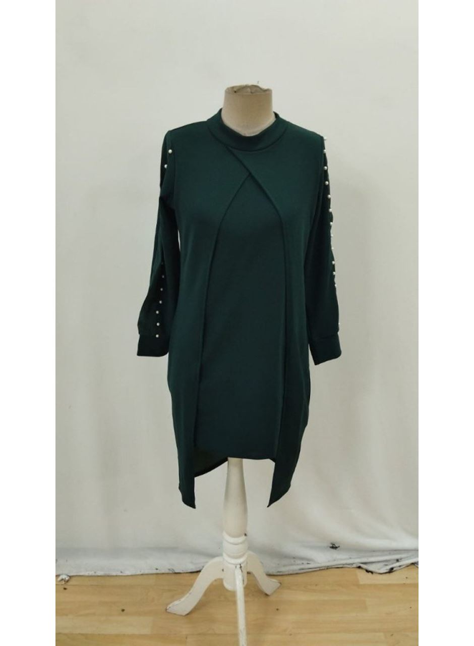 Kadın Uzun Kollu Yarı Balıkçı Yaka Tül Ve Inci Detaylı Kısa Ithal Krep Midi Elbise