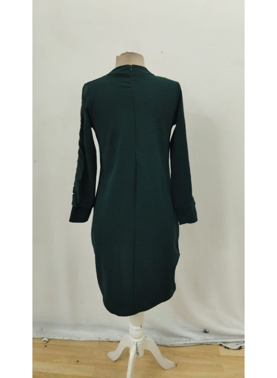 Kadın Uzun Kollu Yarı Balıkçı Yaka Tül Ve Inci Detaylı Kısa Ithal Krep Midi Elbise