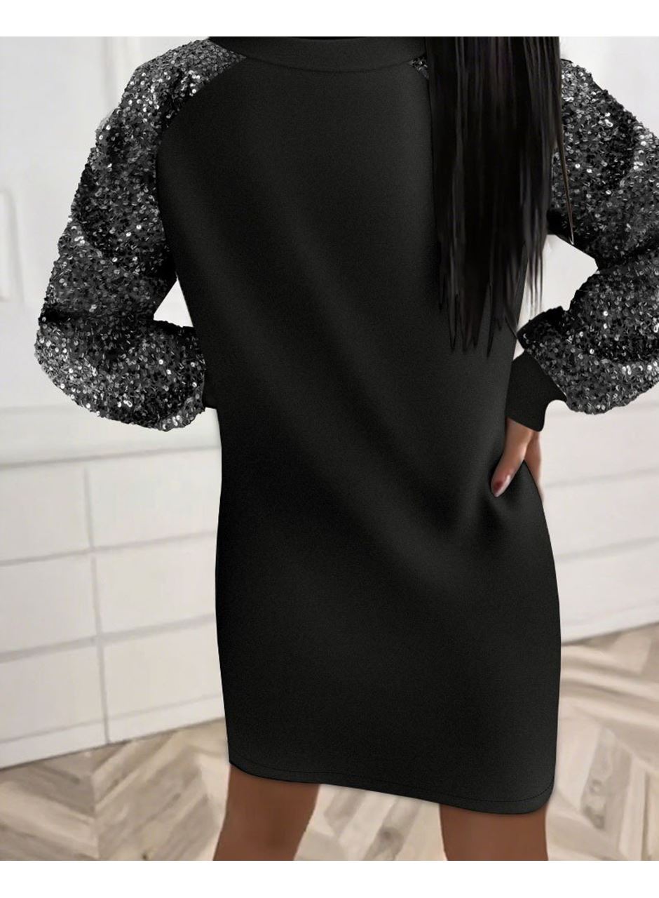 Kadın Uzun Kollu Pulpayetli Bağcıklı Cep Detaylı Mini Viskon Iki Iplik Elbise