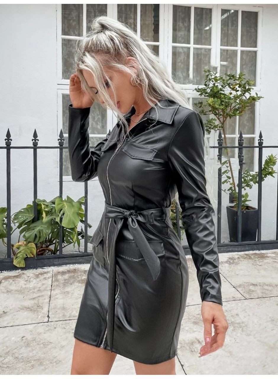 Kadın Uzun Kollu Yakalı Cepli önü Fermuarlı Mini Deri Elbise