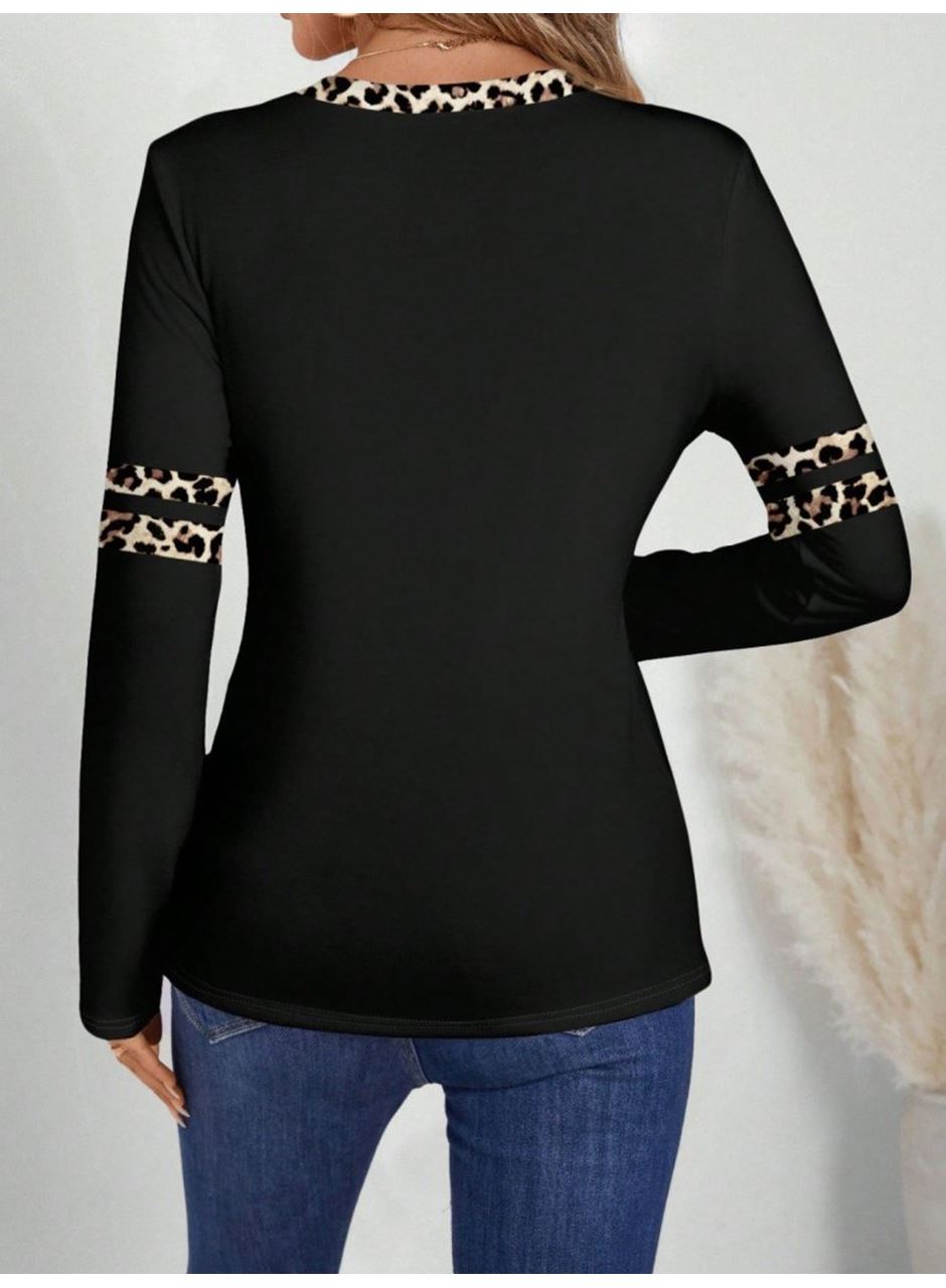 Kadın Uzun Kollu V Yakalı Leopar Desenli Viskon Iki Iplik Bluz
