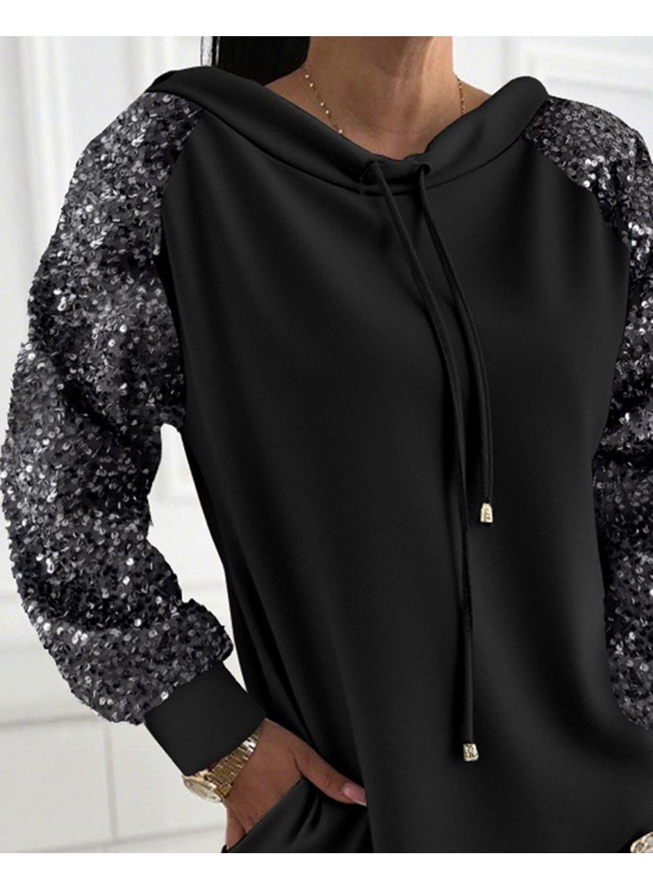 Kadın Uzun Kollu Pulpayetli Bağcıklı Cep Detaylı Mini Viskon Iki Iplik Elbise