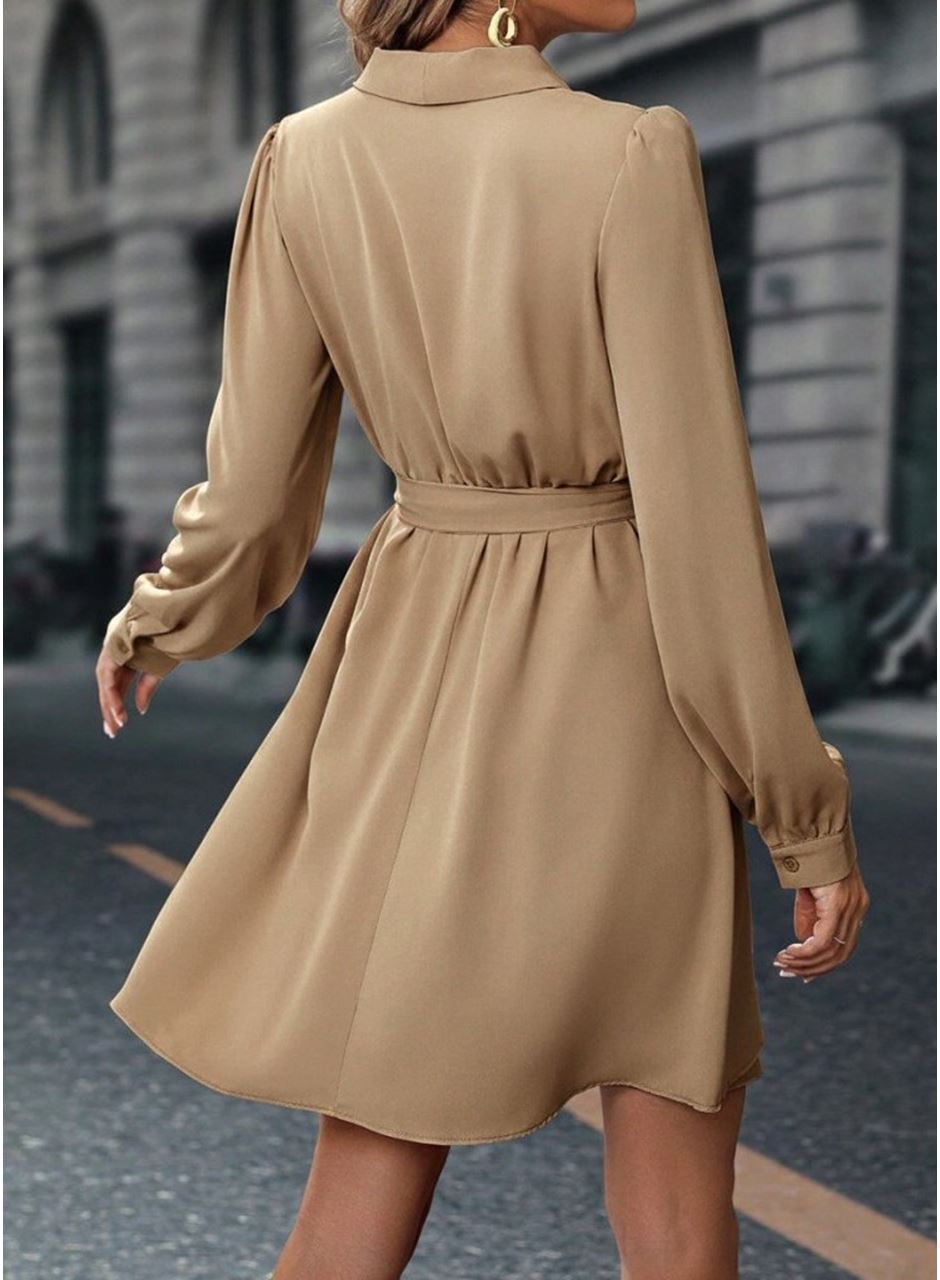 Kadın Uzun Kollu Kruvaze Yakalı Belden Kuşaklı Mini çift Katlı Ithal Krep Elbise