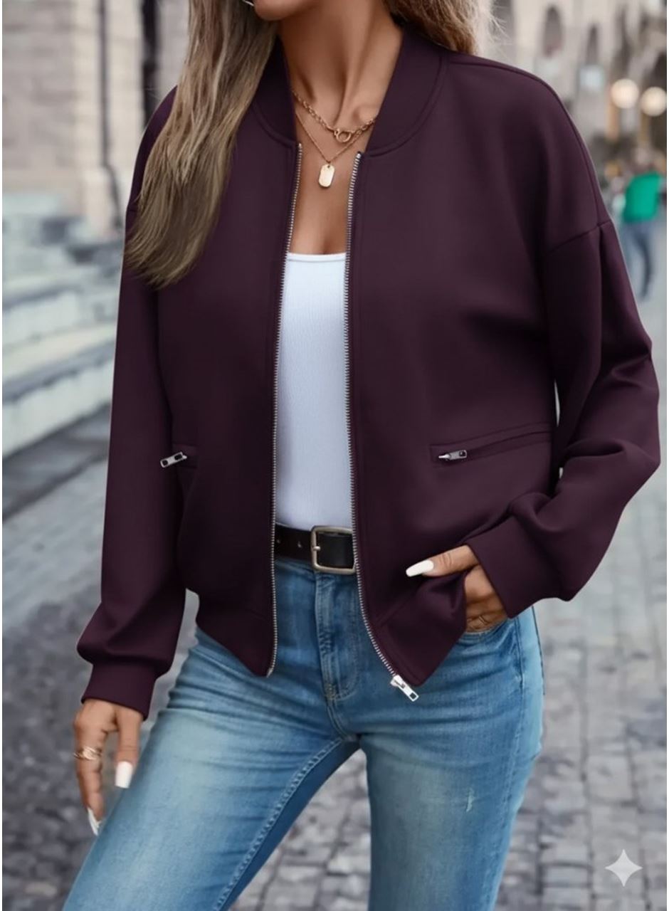 Kadın Uzun Kollu önden Fermuarlı Cepli Modal Mürdüm Ceket