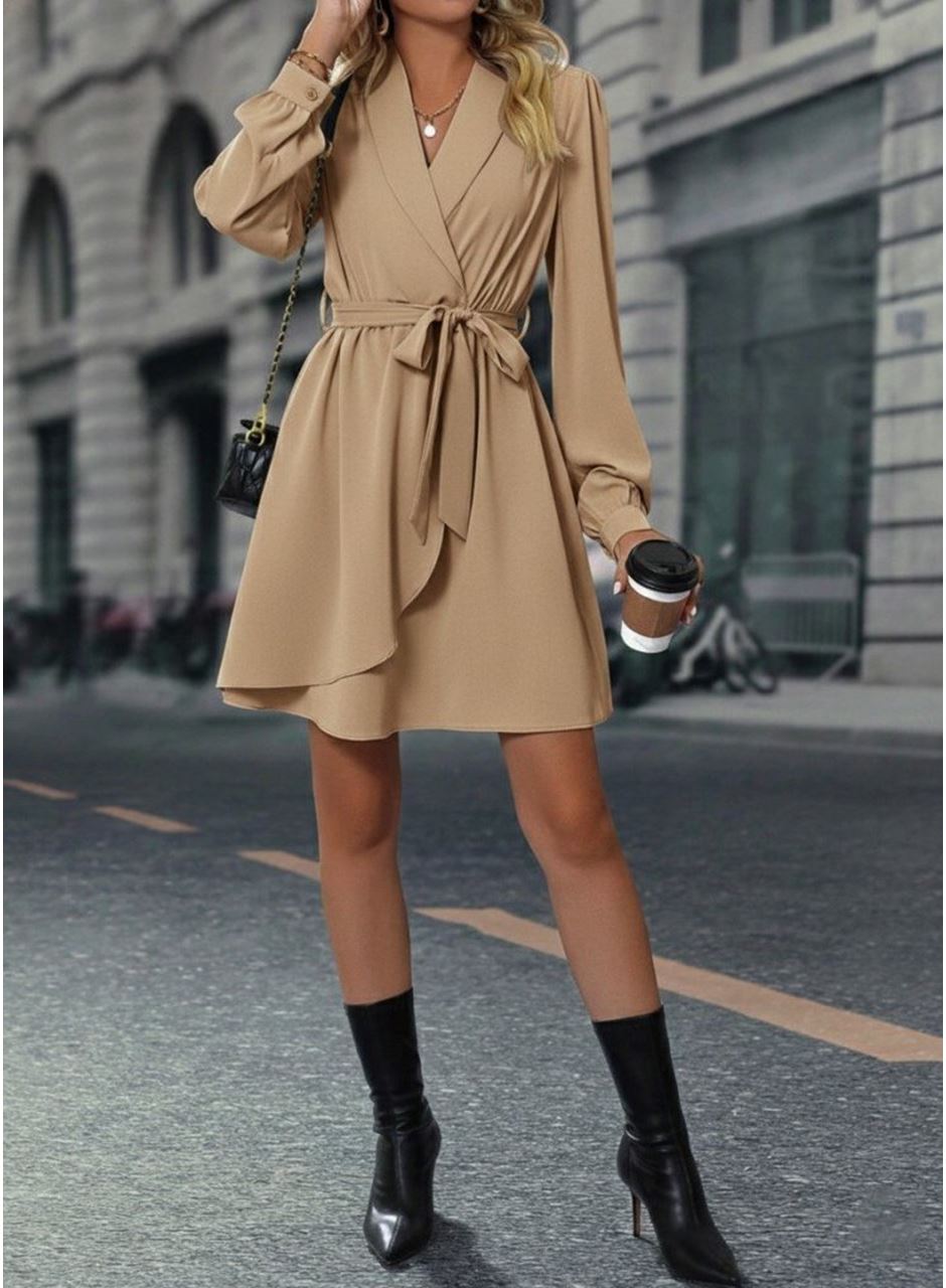 Kadın Uzun Kollu Kruvaze Yakalı Belden Kuşaklı Mini çift Katlı Ithal Krep Elbise