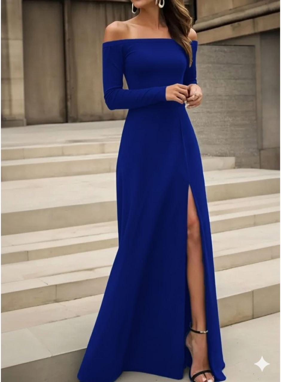 Kadın Uzun Kollu Madonna Yakalı Yırtmaç Detaylı Uzun Ithal Krep Elbise