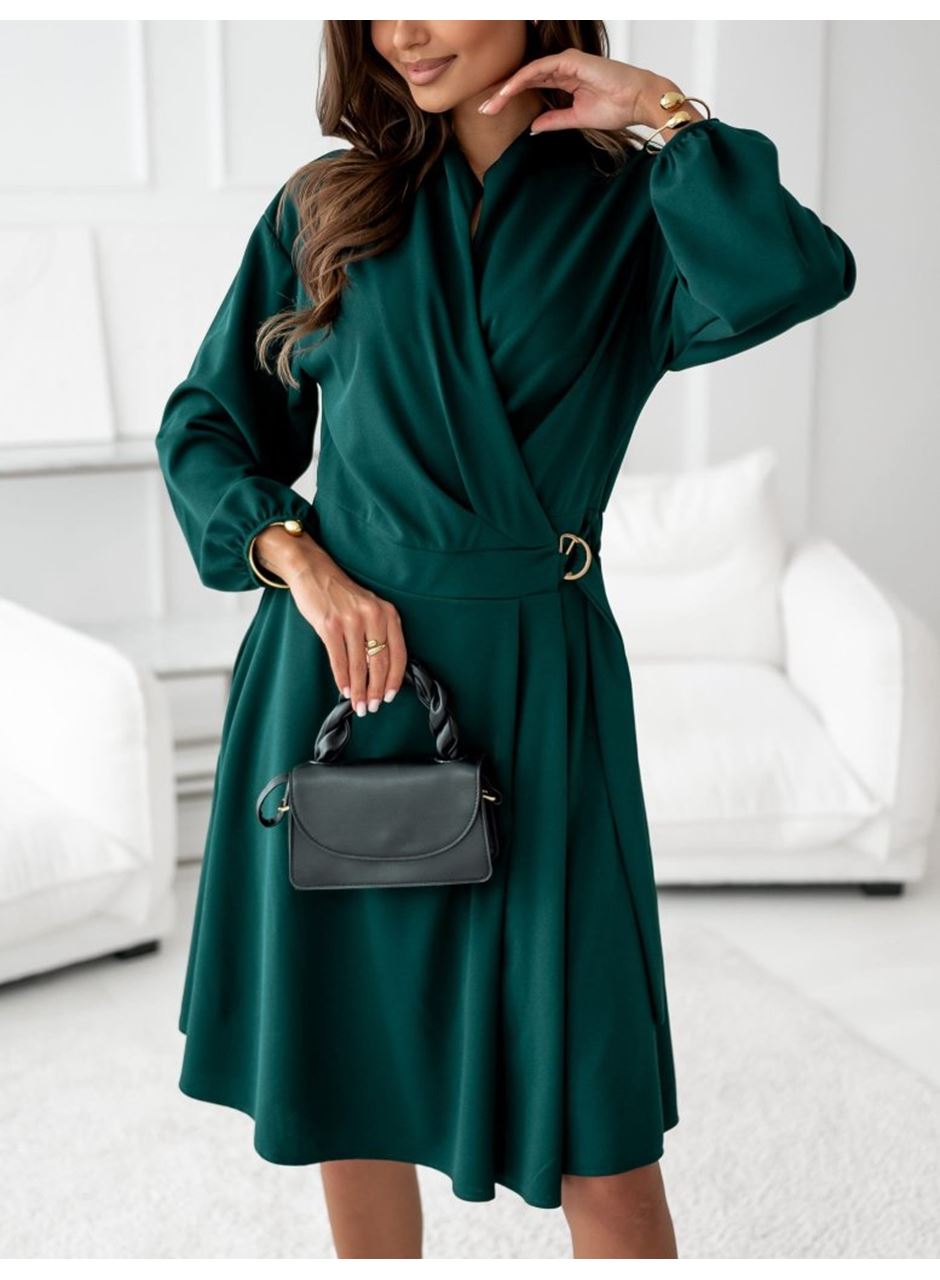 Kadın Uzun Kollu Hakim V Yakalı Yandan Toka Detaylı Ithal Mini Krep Elbise
