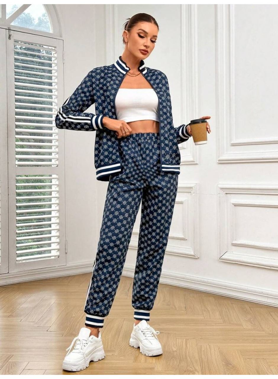 Kadın Uzun Kollu önden Fermuarlı Desenli Iki Iplik Bluz Ve Pantolon Ikili Takım