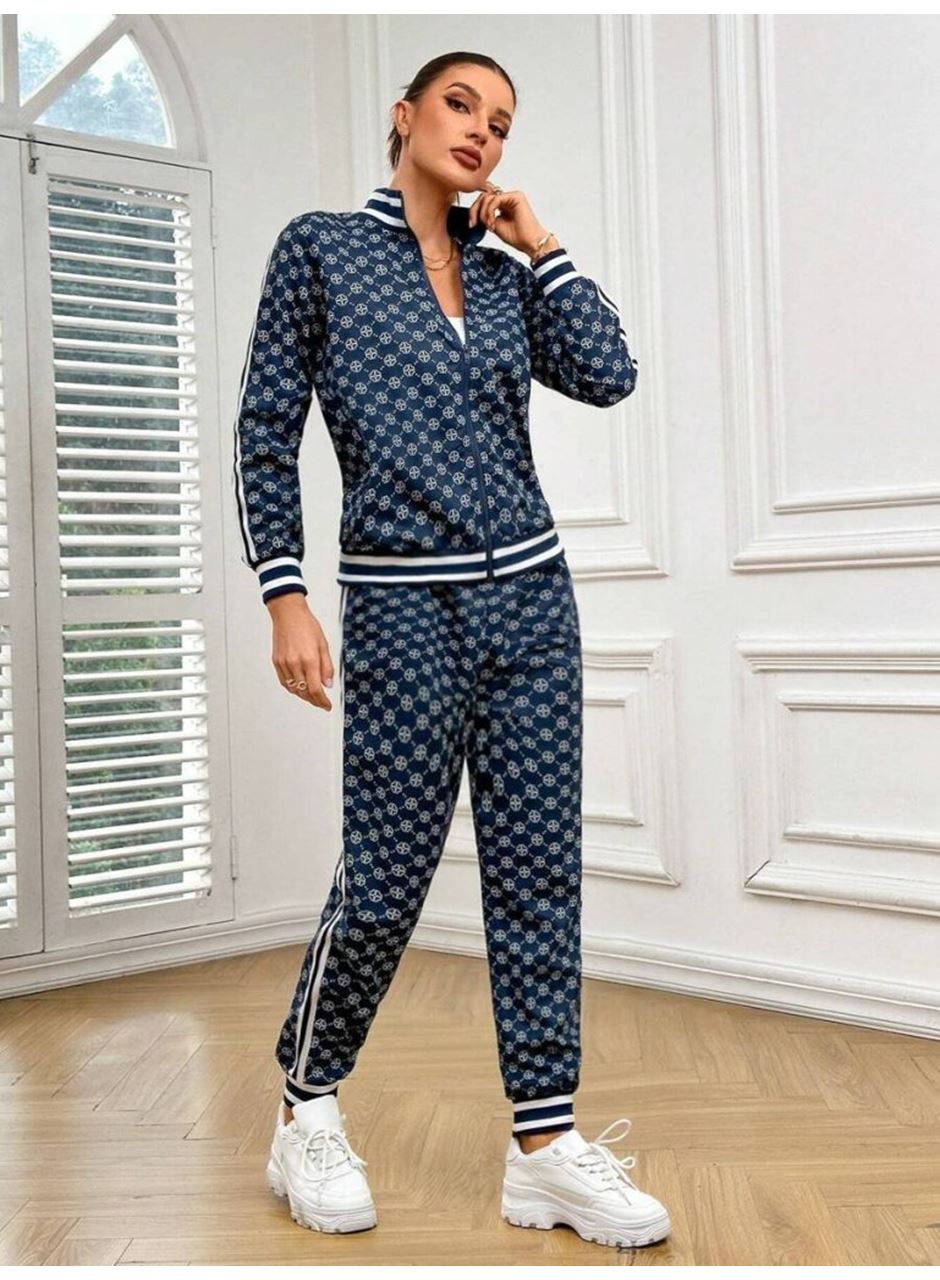 Kadın Uzun Kollu önden Fermuarlı Desenli Iki Iplik Bluz Ve Pantolon Ikili Takım