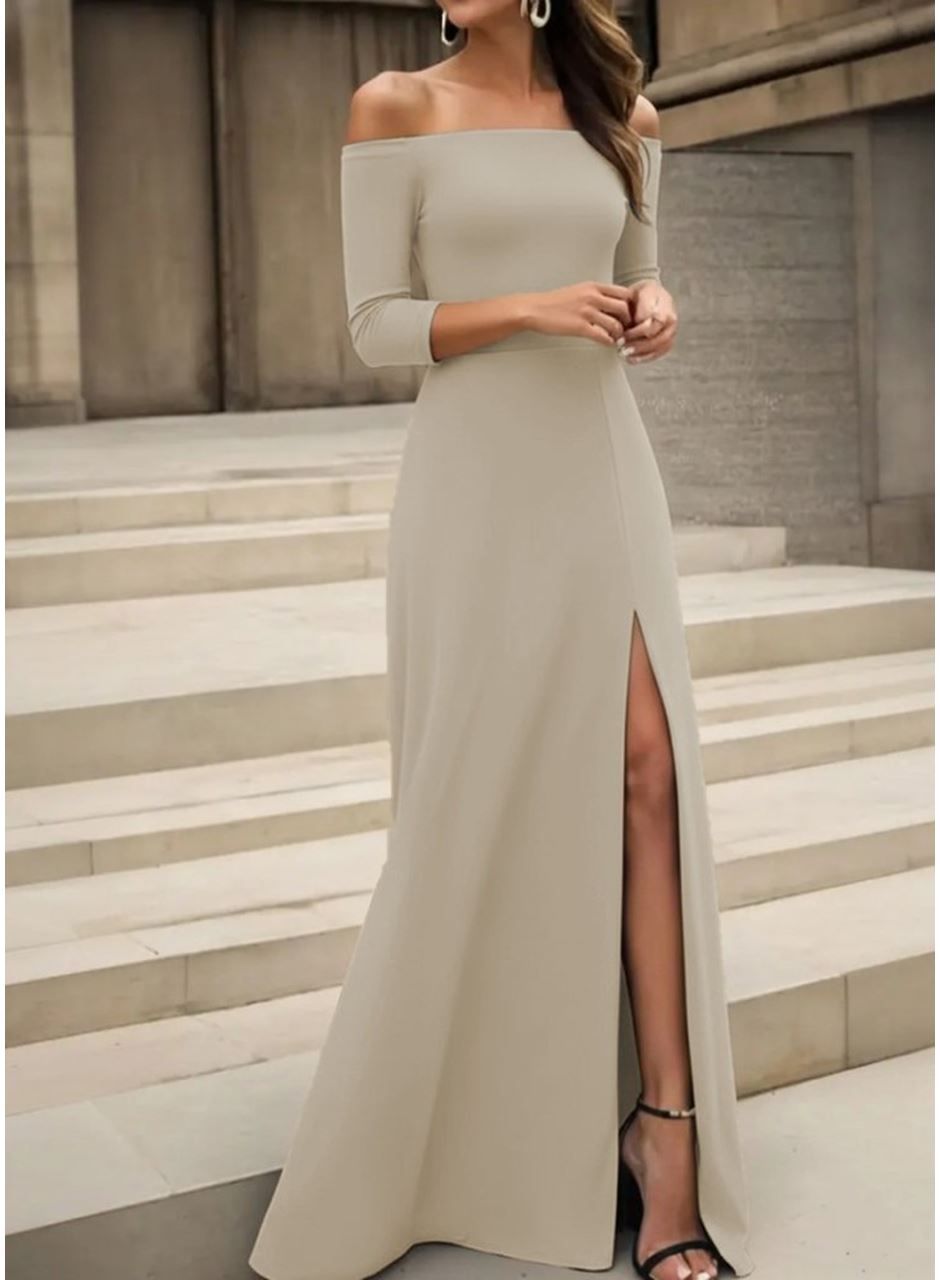 Kadın Uzun Kollu Madonna Yakalı Yırtmaç Detaylı Uzun Ithal Krep Elbise