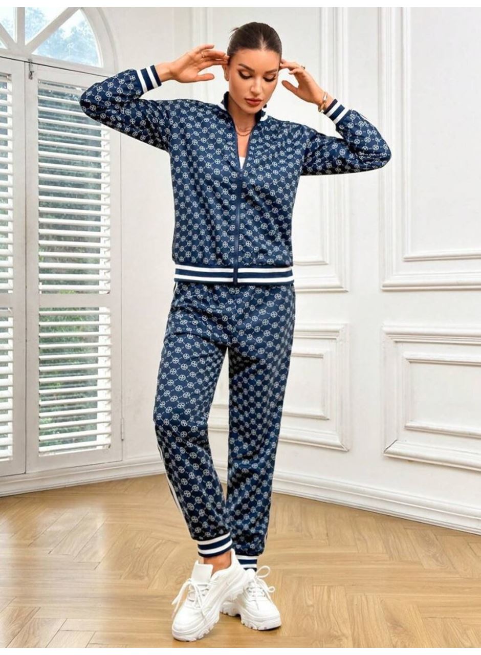 Kadın Uzun Kollu önden Fermuarlı Desenli Iki Iplik Bluz Ve Pantolon Ikili Takım