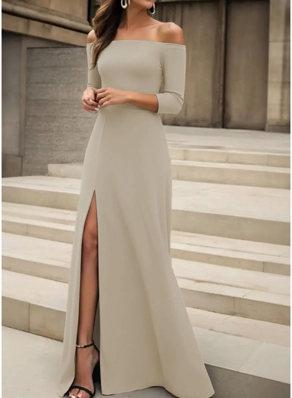 Kadın Uzun Kollu Madonna Yakalı Yırtmaç Detaylı Uzun Ithal Krep Elbise