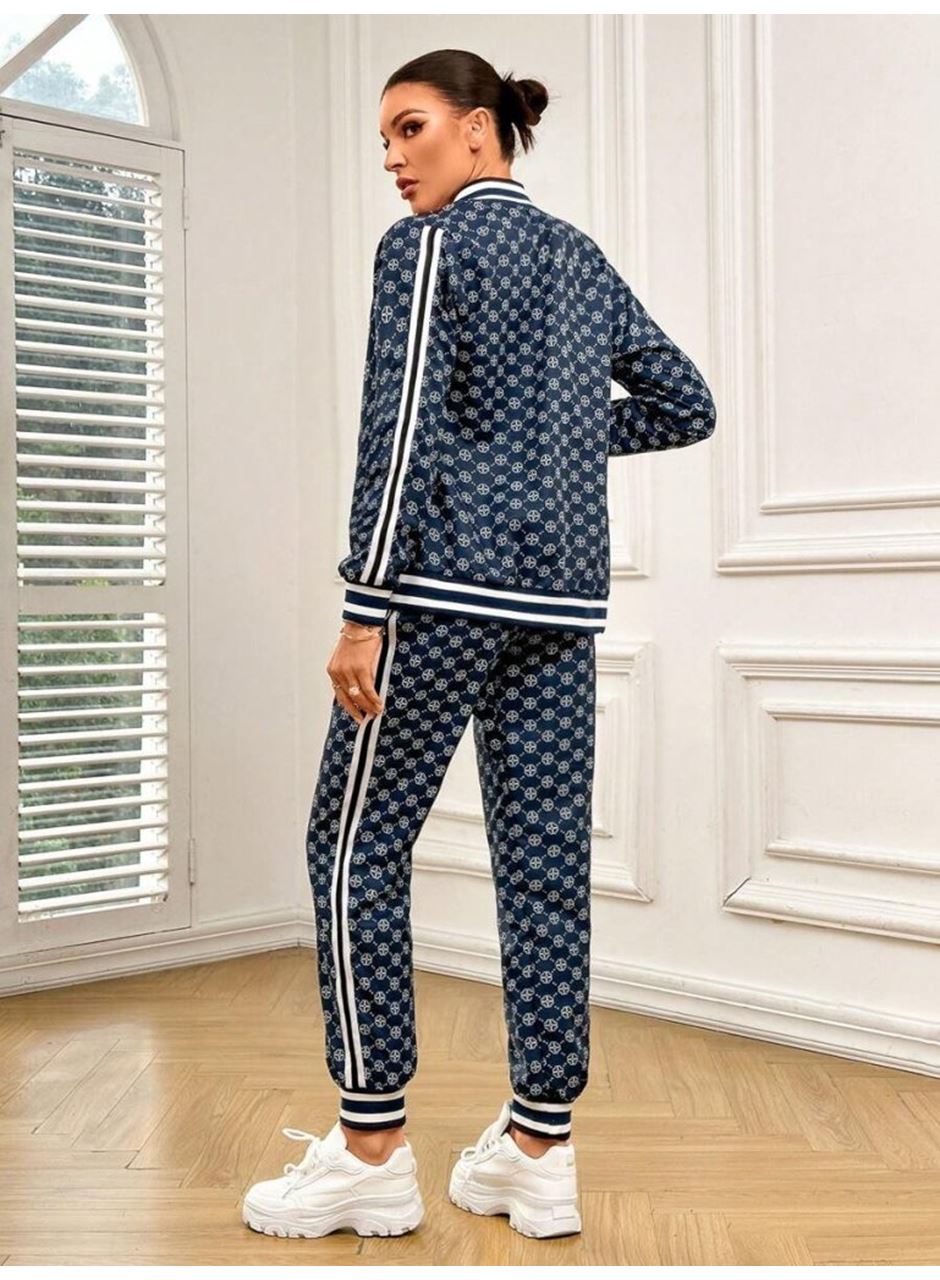 Kadın Uzun Kollu önden Fermuarlı Desenli Iki Iplik Bluz Ve Pantolon Ikili Takım
