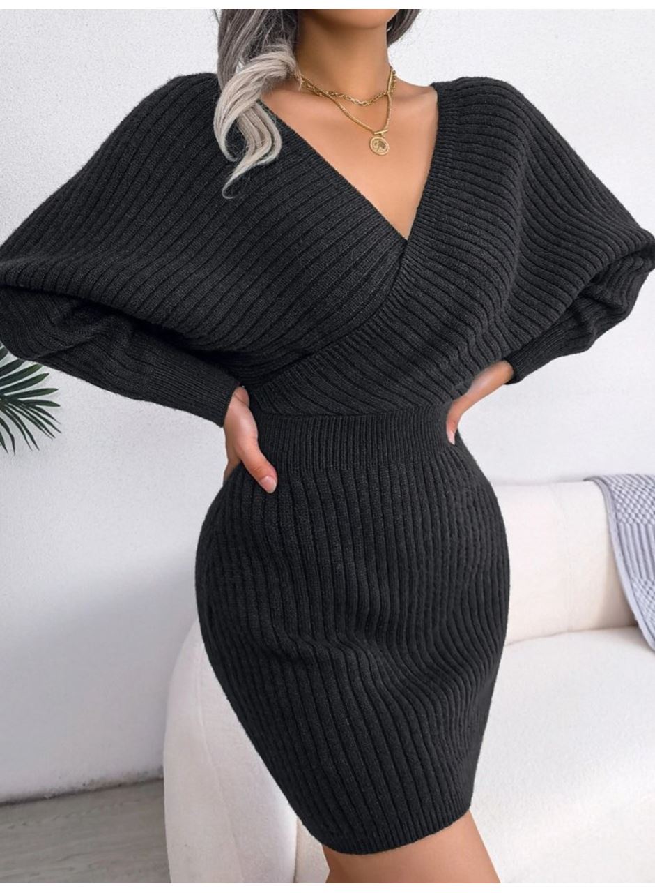 Kadın Uzun Kollu Kruvaze Geniş Yakalı Mini Triko Elbise