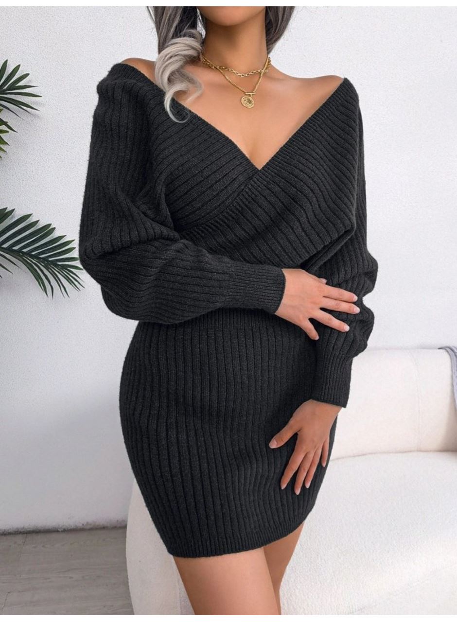 Kadın Uzun Kollu Kruvaze Geniş Yakalı Mini Triko Elbise