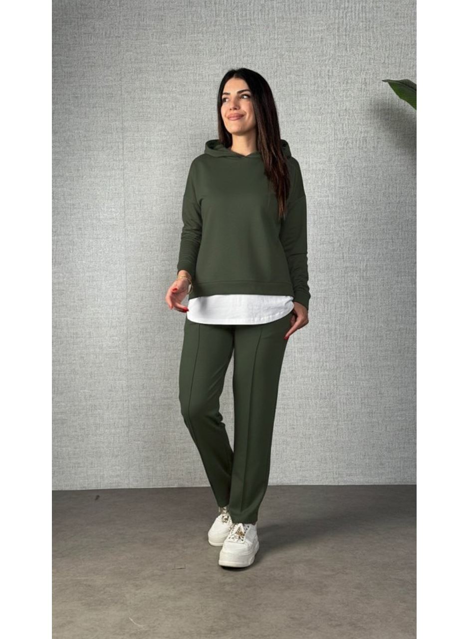 Kadın Uzun Kollu Kapşonlu Bağcıklı Viskon Iki Iplik Bluz Ve Pantolon Ikili Takım