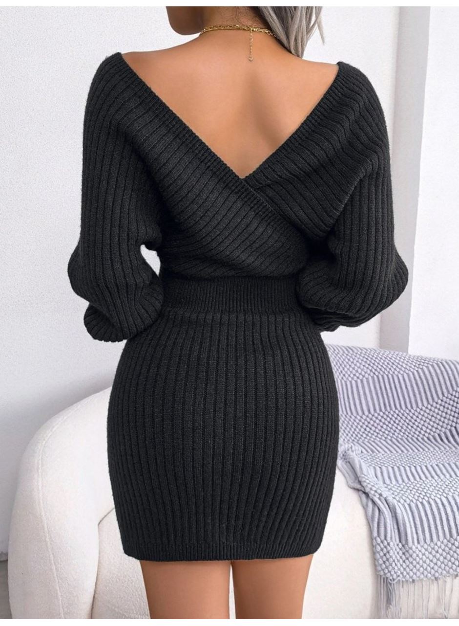 Kadın Uzun Kollu Kruvaze Geniş Yakalı Mini Triko Elbise