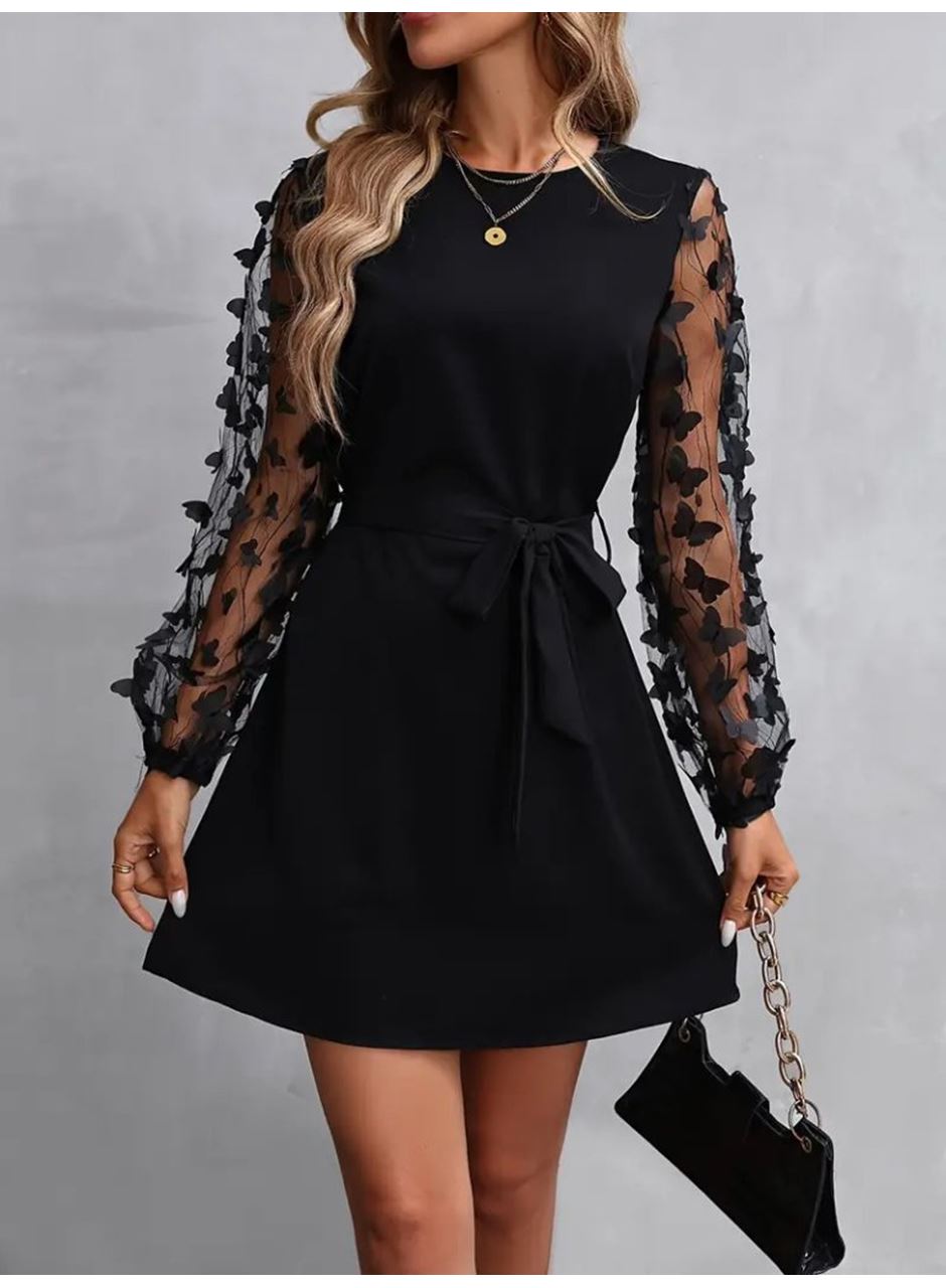 Kadın Uzun Kollu Bisiklet Yaka Kollar Tül Kelebek Detaylı Ithal Krep Elbise