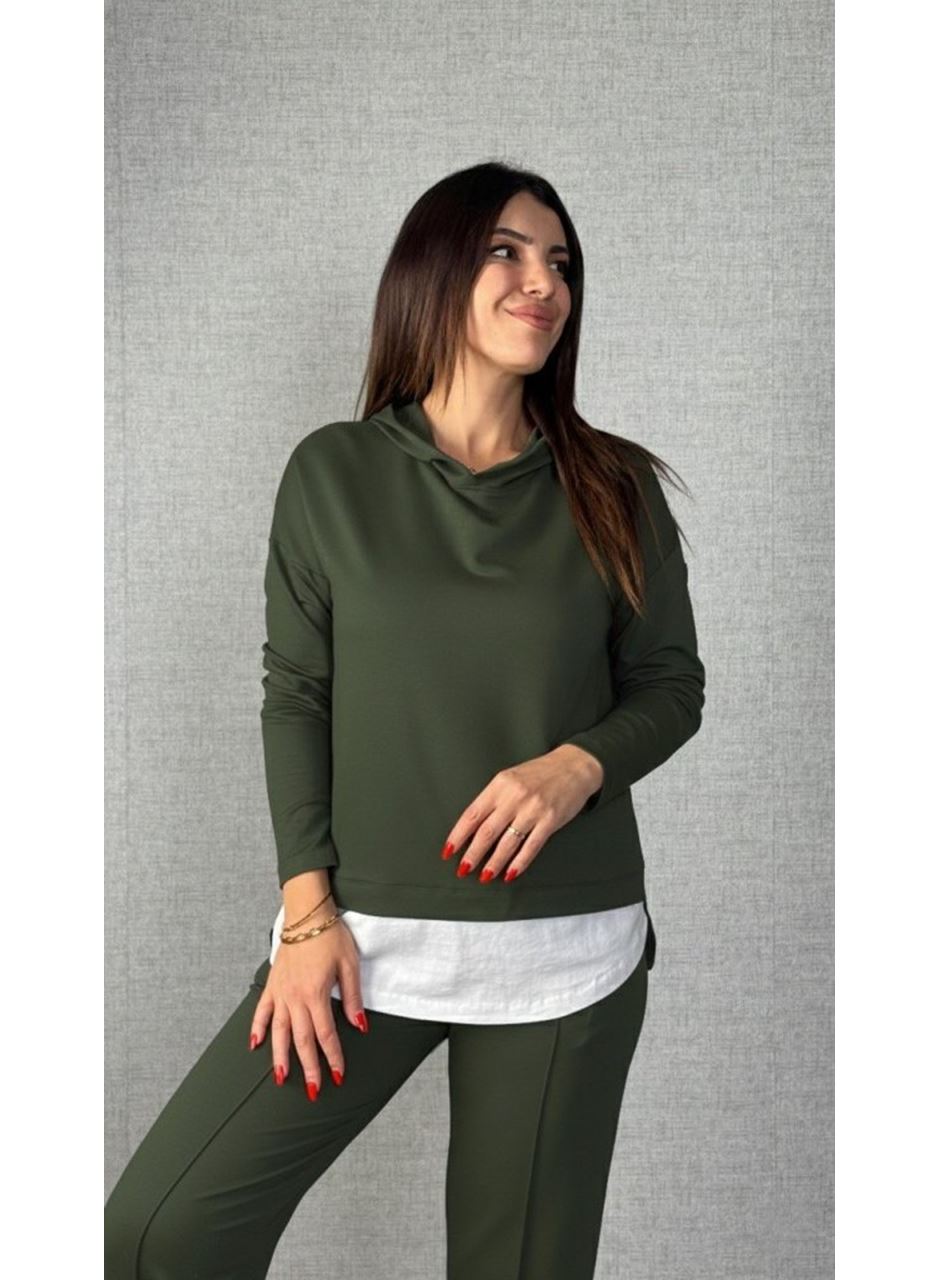 Kadın Uzun Kollu Kapşonlu Bağcıklı Viskon Iki Iplik Bluz Ve Pantolon Ikili Takım