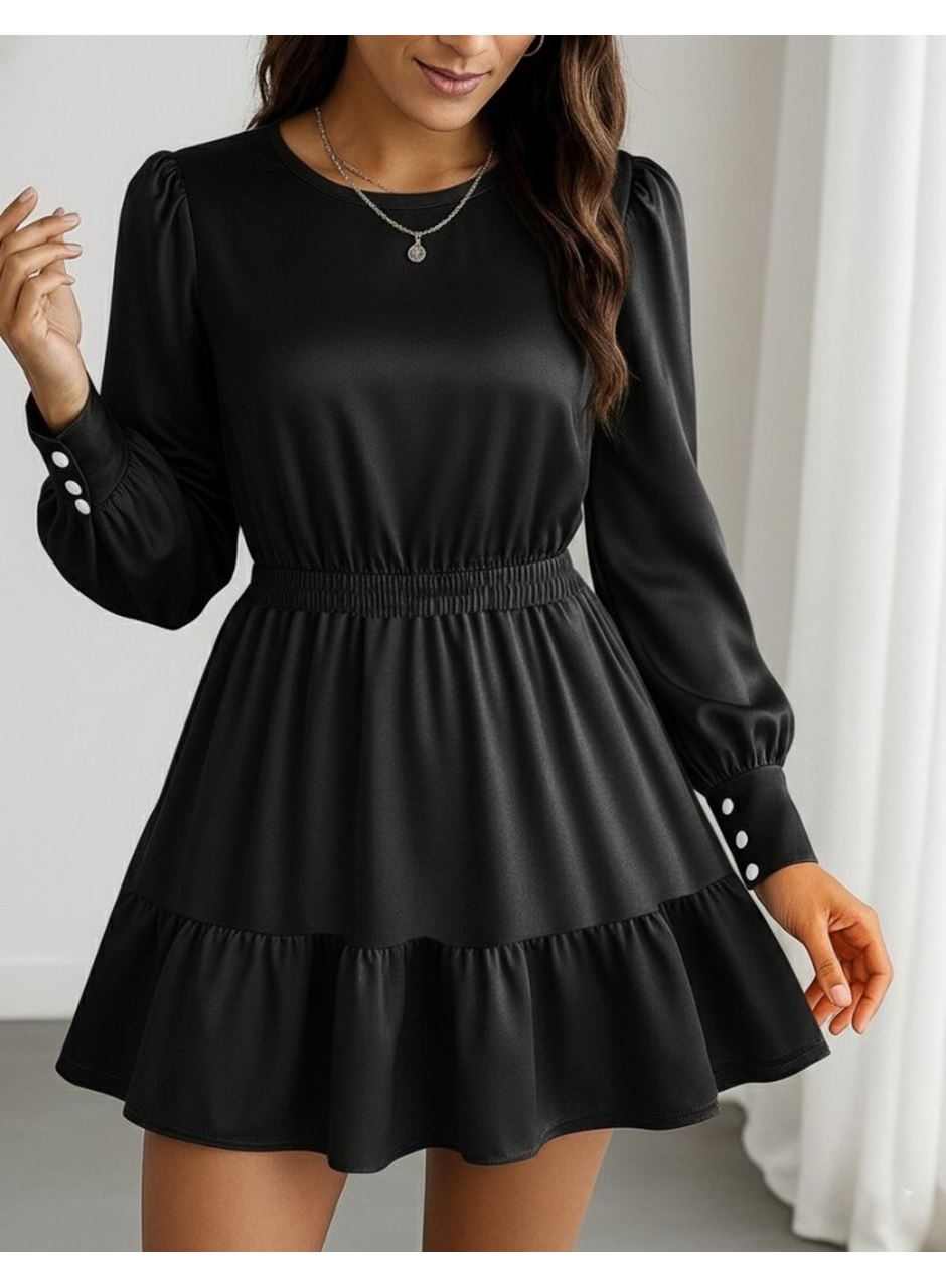 Kadın Uzun Kollu Bisiklet Yaka Beli Lastikli Fırfırlı Ithal Krep Elbise