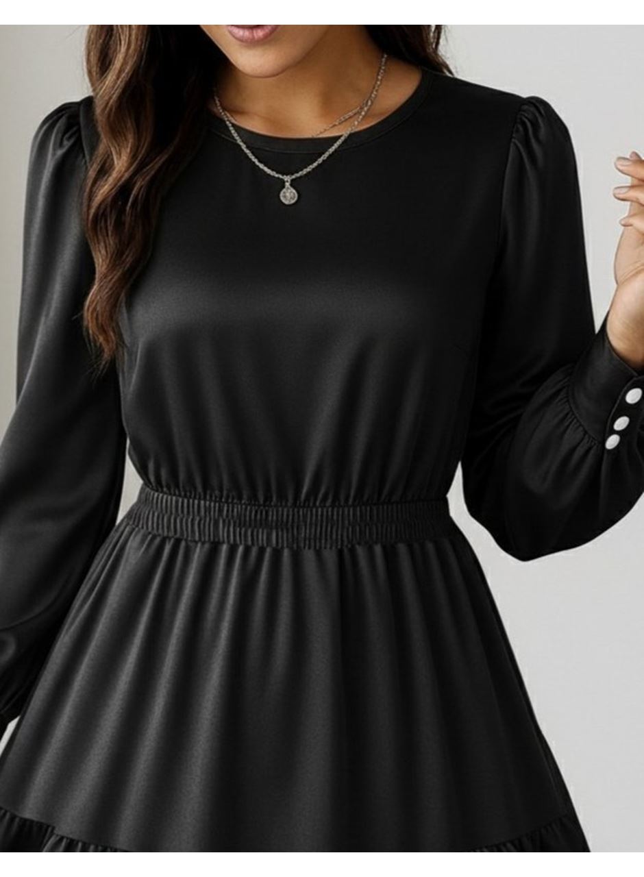 Kadın Uzun Kollu Bisiklet Yaka Beli Lastikli Fırfırlı Ithal Krep Elbise