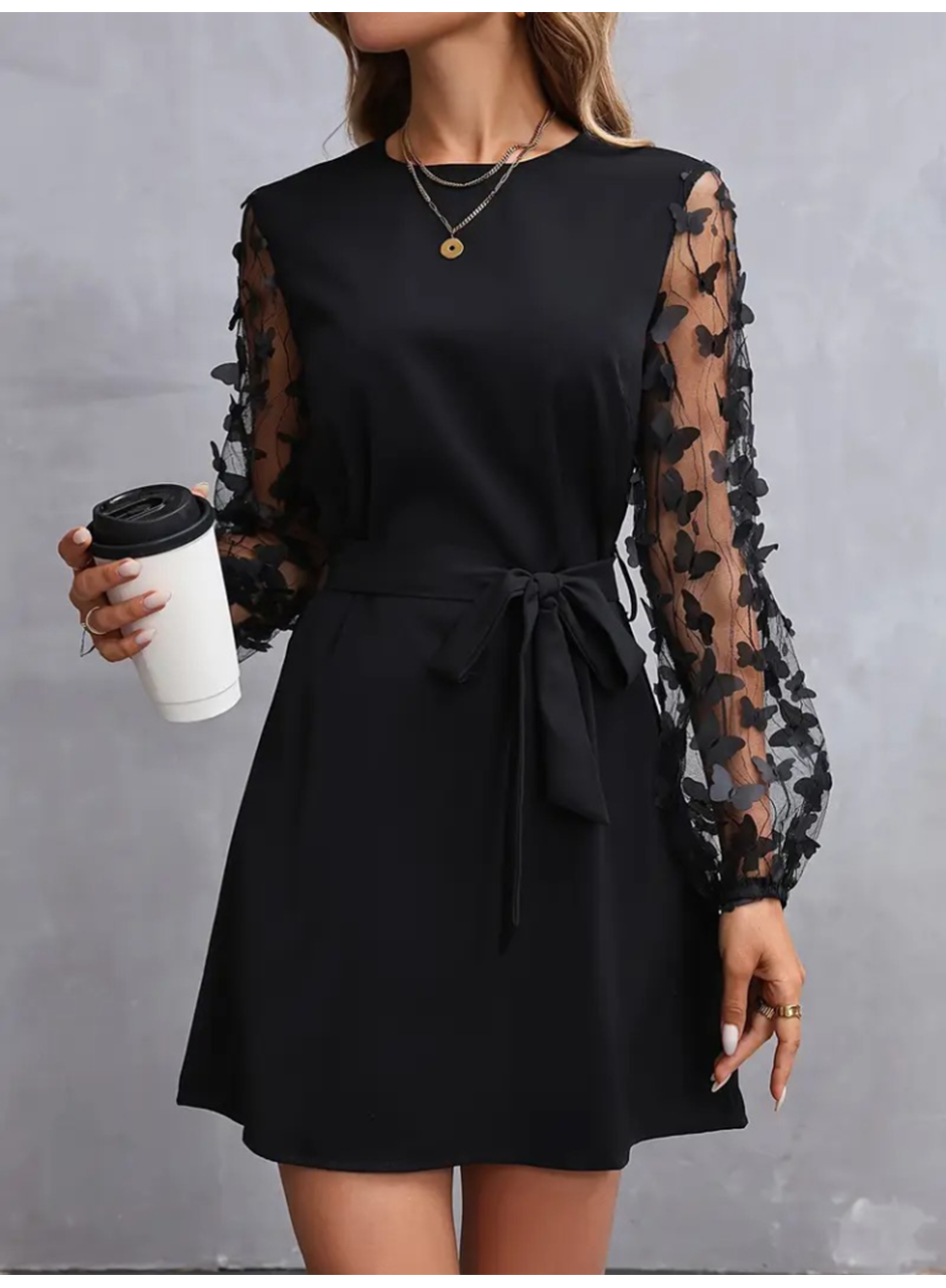 Kadın Uzun Kollu Bisiklet Yaka Kollar Tül Kelebek Detaylı Ithal Krep Elbise