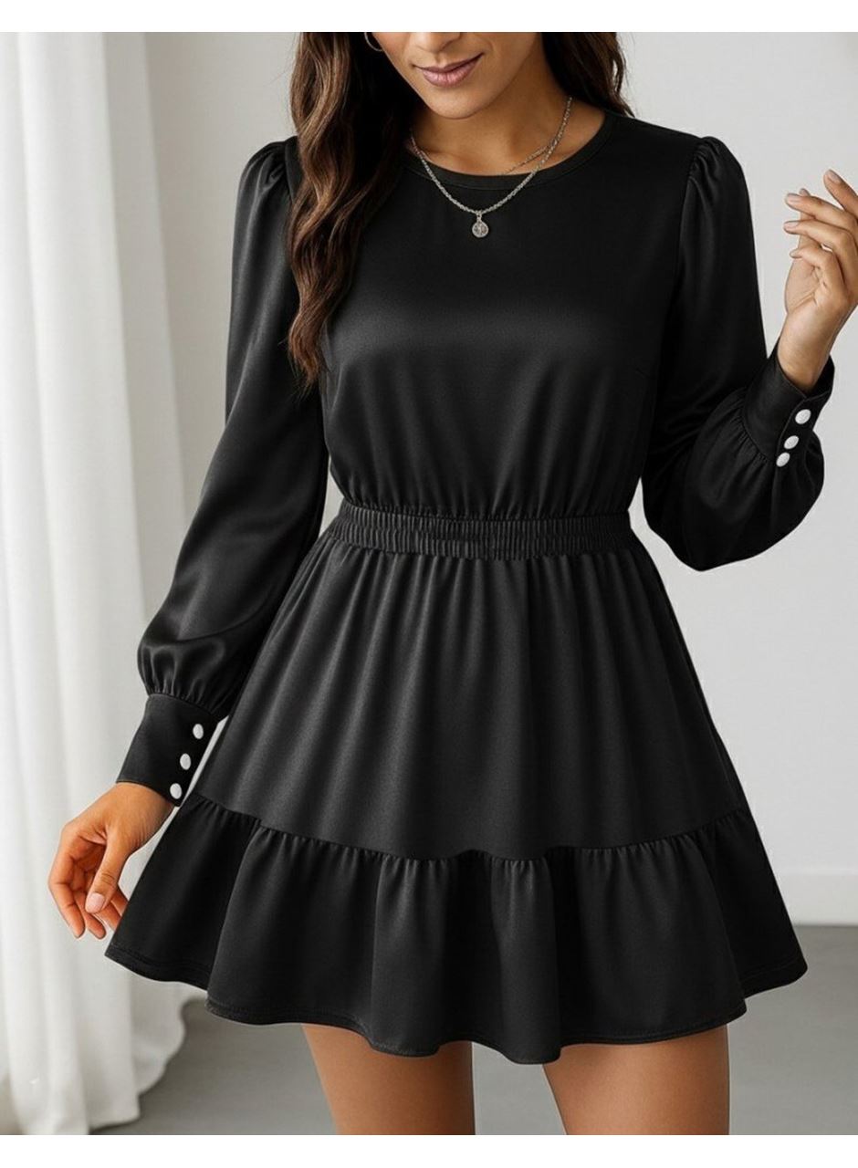 Kadın Uzun Kollu Bisiklet Yaka Beli Lastikli Fırfırlı Ithal Krep Elbise