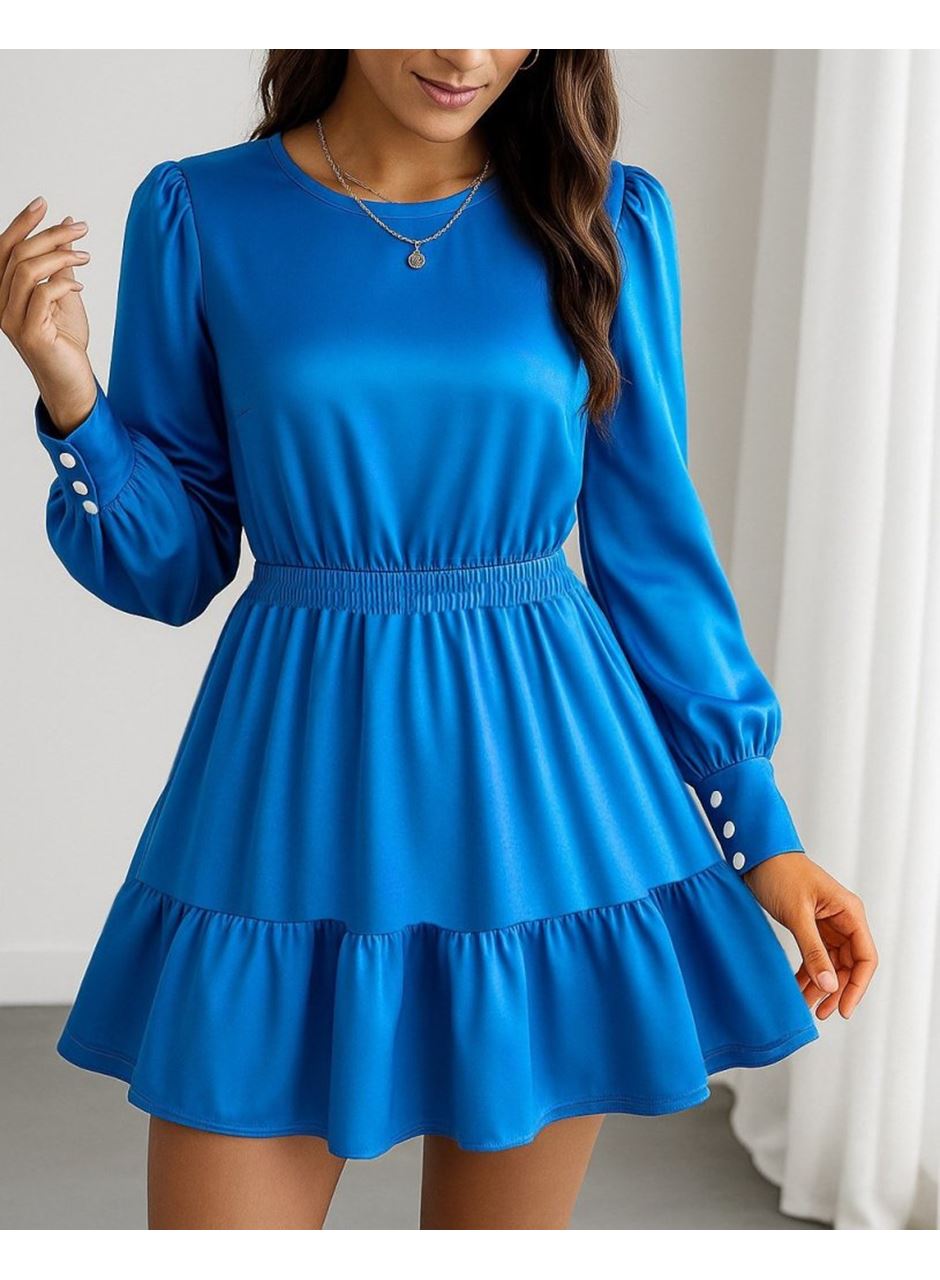 Kadın Uzun Kollu Bisiklet Yaka Beli Lastikli Fırfırlı Ithal Krep Elbise