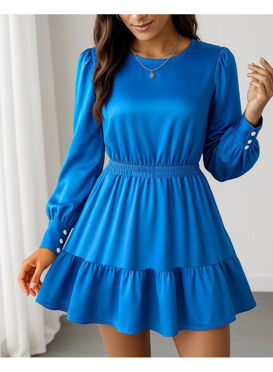 Kadın Uzun Kollu Bisiklet Yaka Beli Lastikli Fırfırlı Ithal Krep Elbise