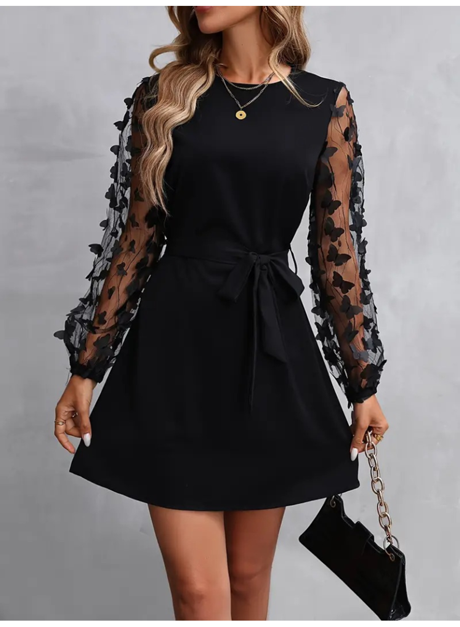 Kadın Uzun Kollu Bisiklet Yaka Kollar Tül Kelebek Detaylı Ithal Krep Elbise