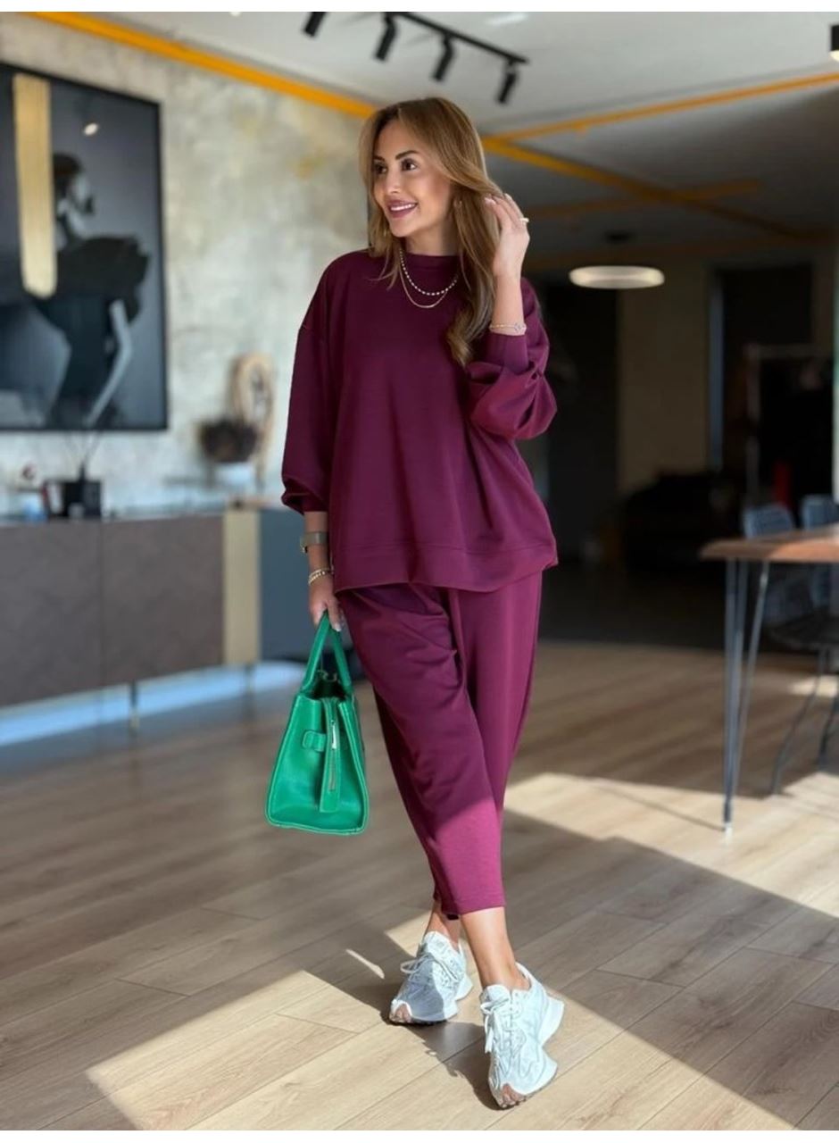 Kadın Uzun Kollu Bisiklet Yaka Viskon Iki Iplik Mor Bluz Ve Pantolon Ikili Takım